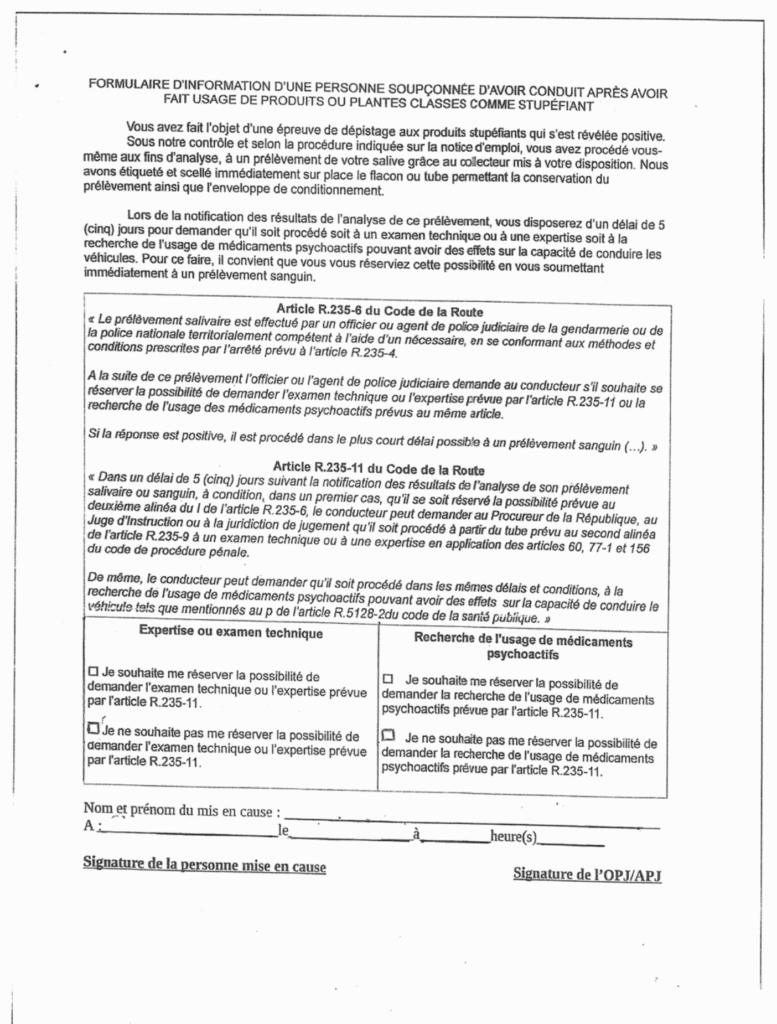 Formulaire d'information contre analyse stupéfiants
